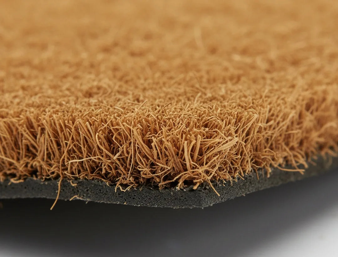 Close-up of natural coir pile standing on a black vinyl back