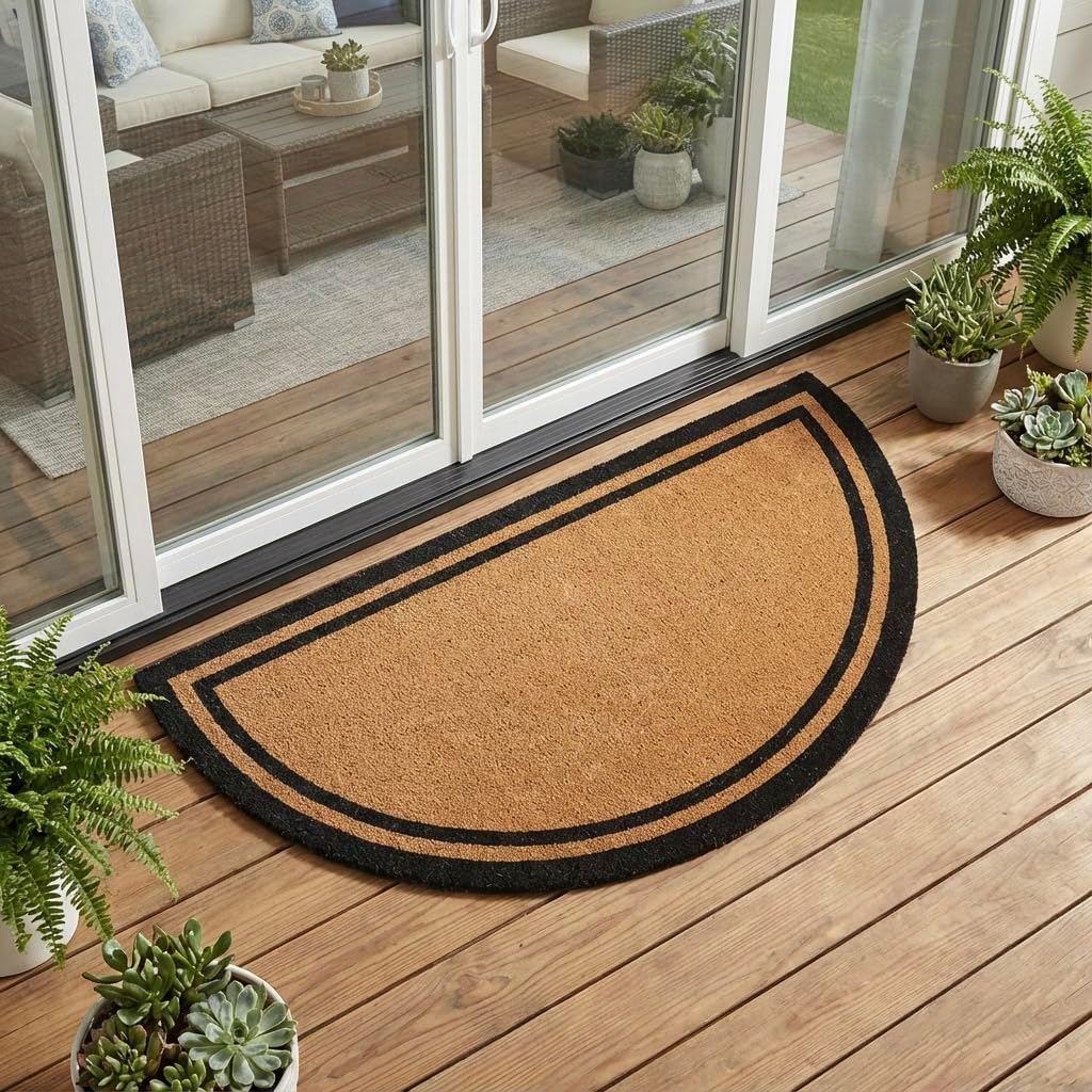 Half-Round Black Border Coir Doormat, Woven-Backed