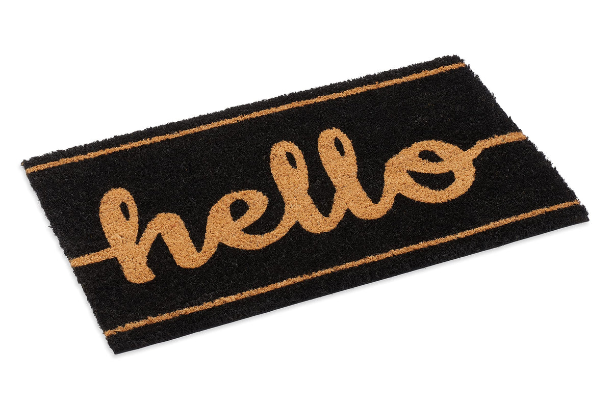 Black Hello Coir Doormat, Vinyl-Backed