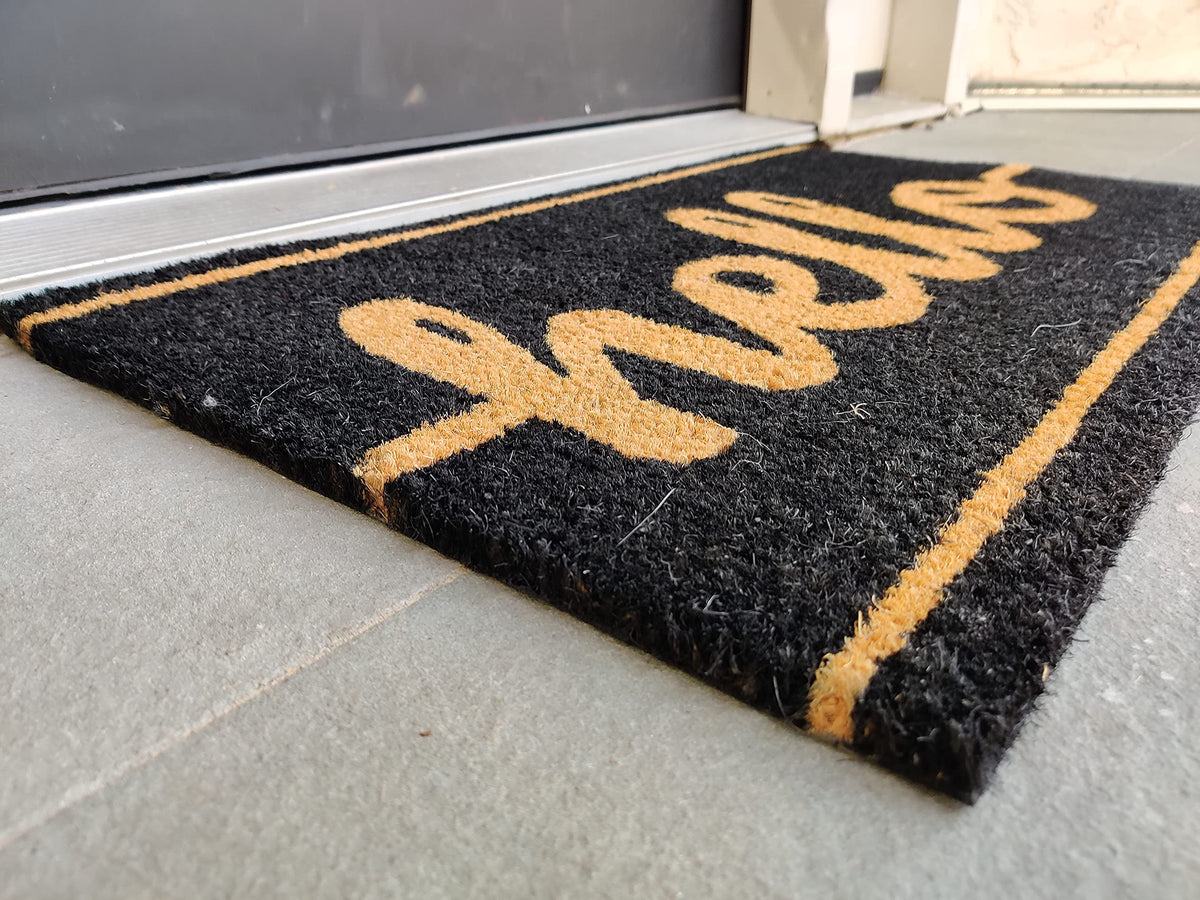Black Hello Coir Doormat, Vinyl-Backed