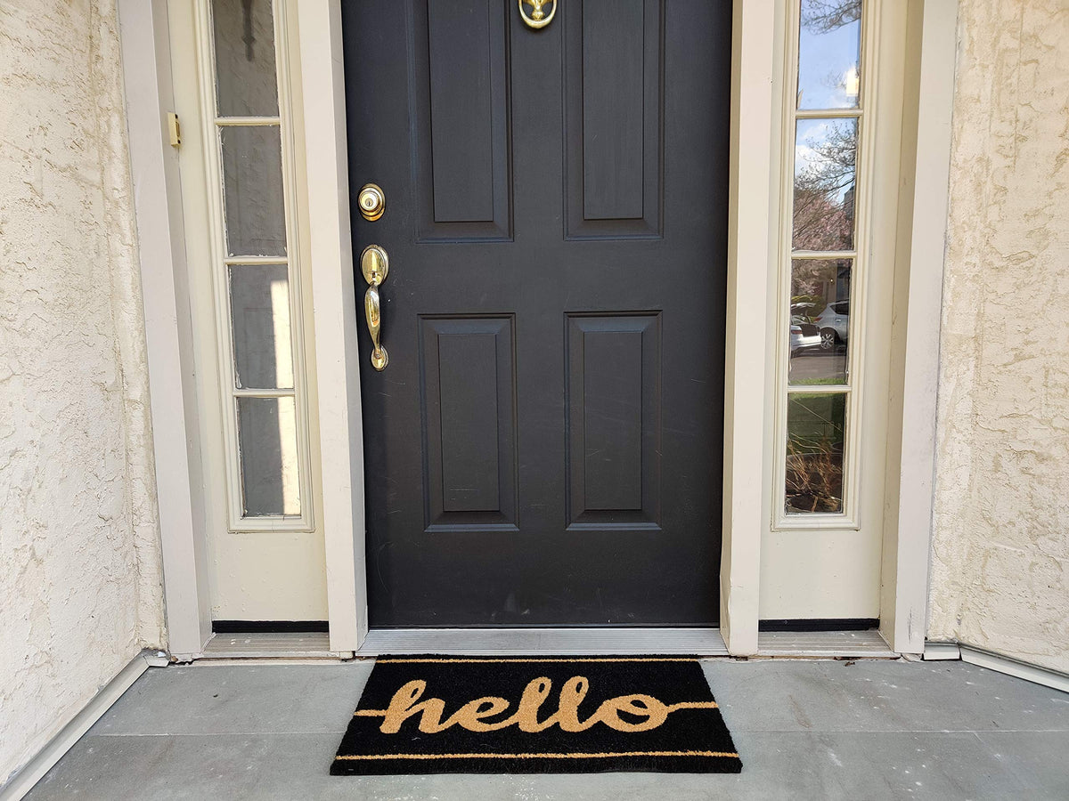 Black Hello Coir Doormat, Vinyl-Backed
