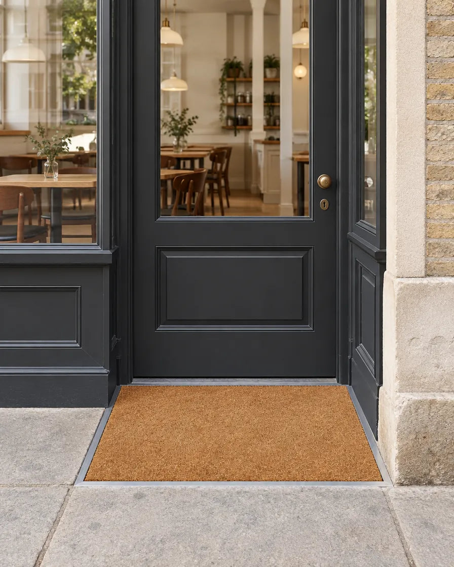 A charcoal cafe door with a coir mat fitted into a recessed well