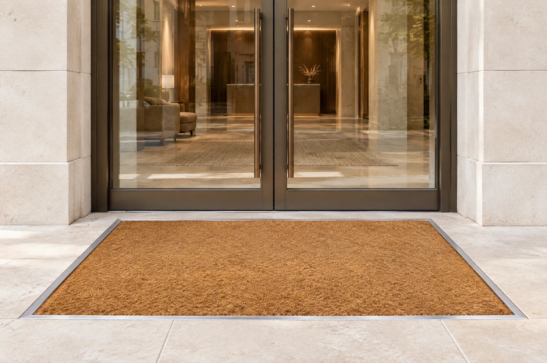A recessed coir mat well in front of bronze-framed glass doors