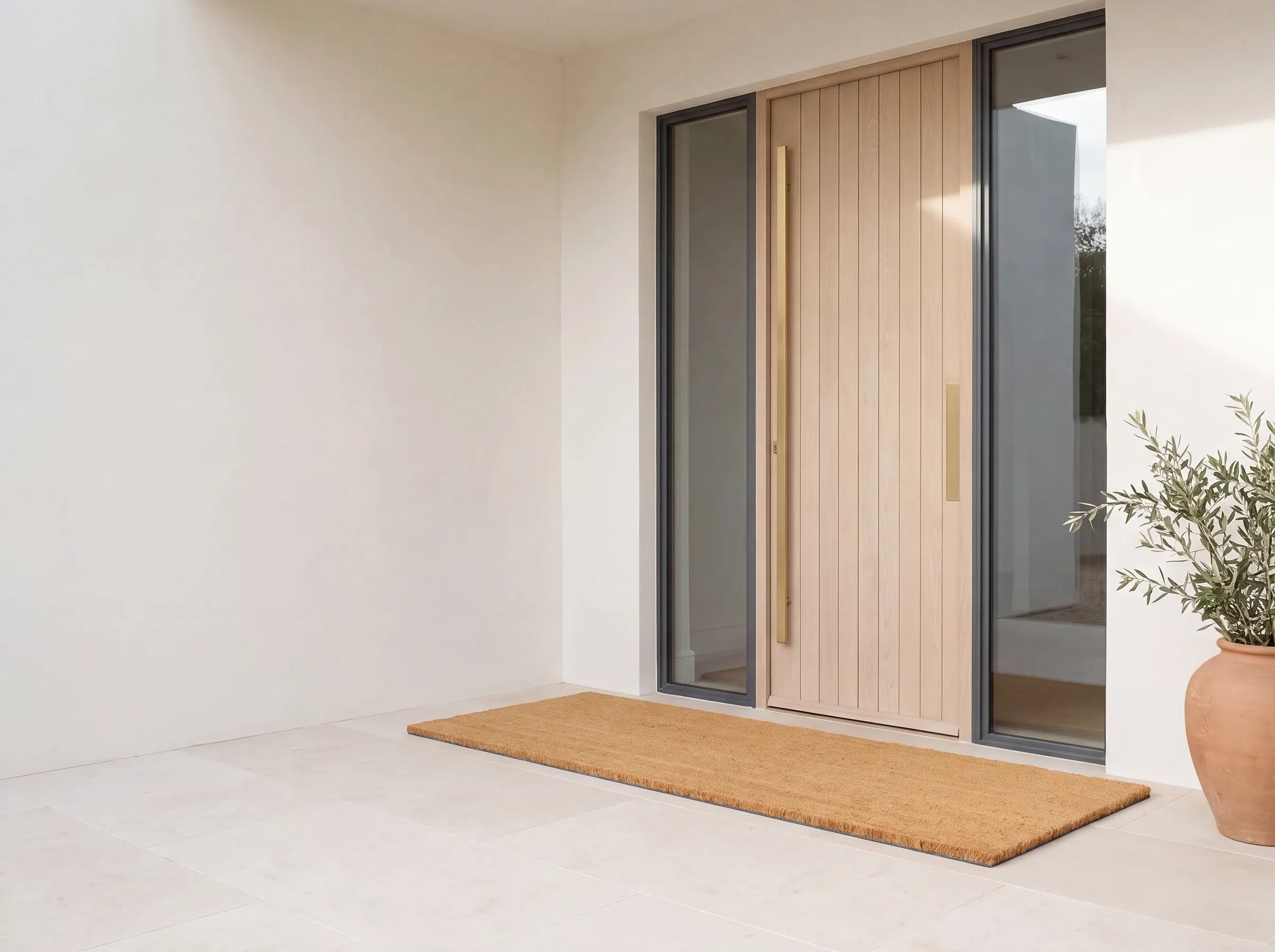A long natural coir runner on a pale limestone landing in front of a tall oak pivot door with glass sidelights, beside a terracotta pot with an olive branch