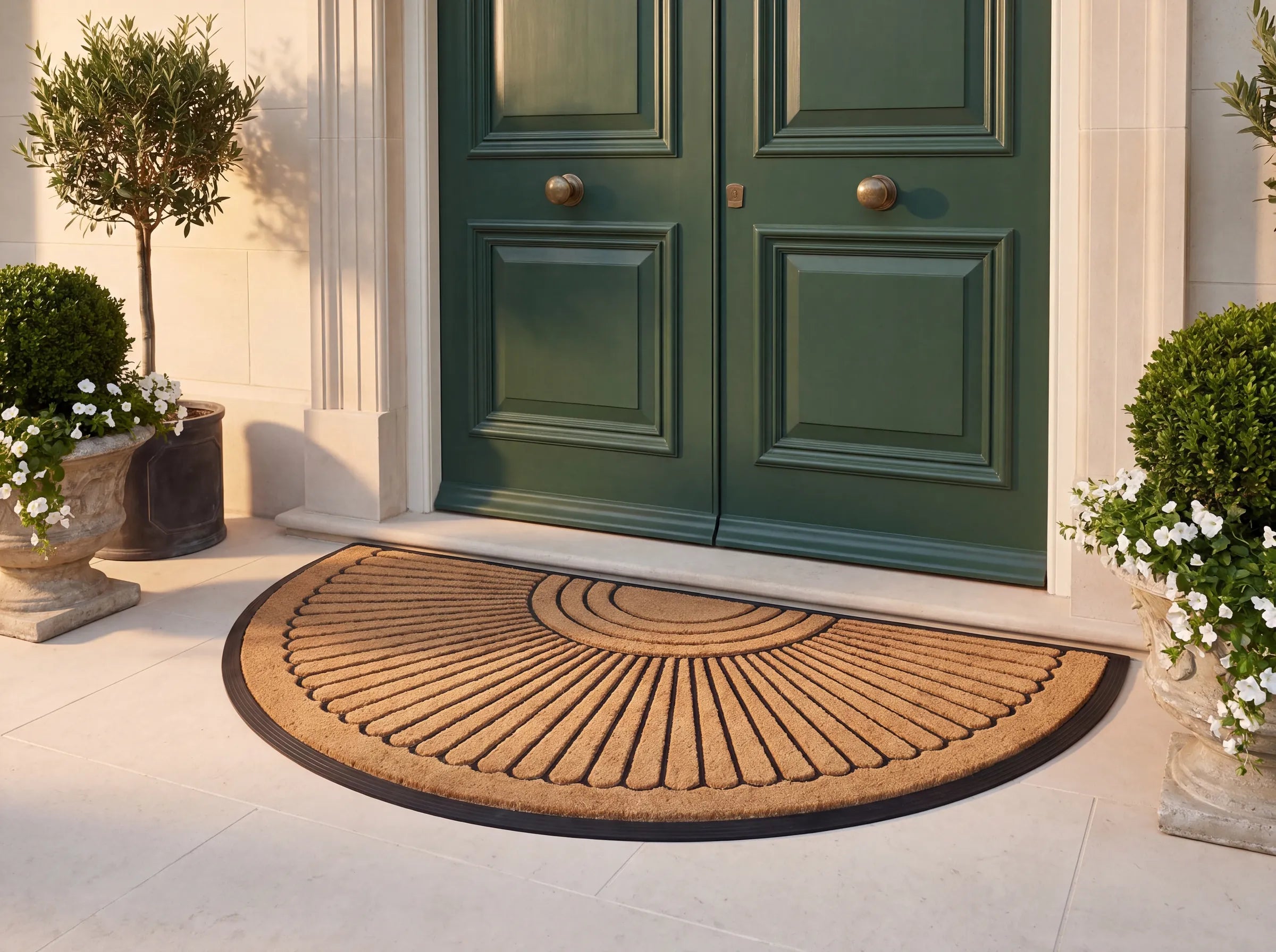 A half-round Sun Ray coir mat with a black rubber rim at forest-green double front doors, with boxwood and white flowers in stone urns in evening sun