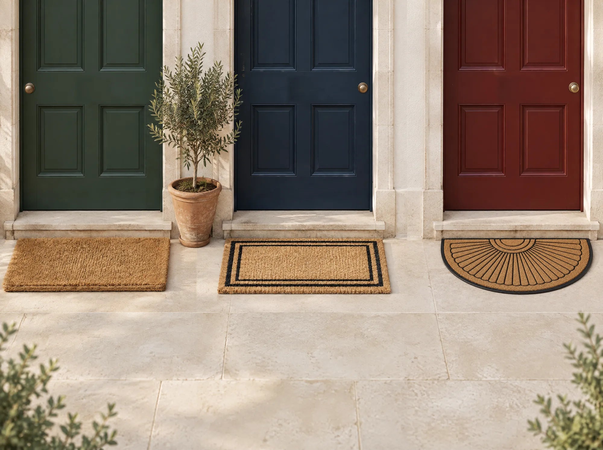Three front doors in forest green, navy and oxblood, each with a different coir doormat: a thick woven-backed mat, a black-bordered mat and a half-round Sun Ray mat