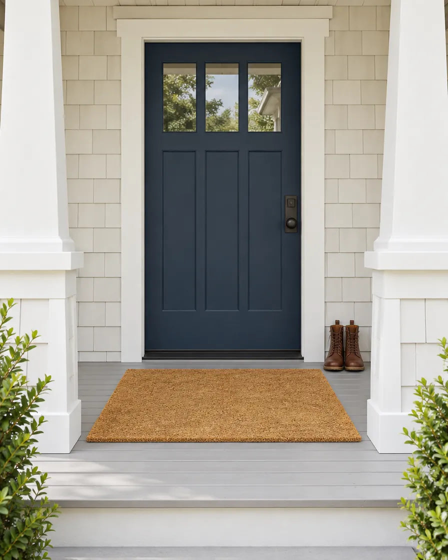 A navy front door on a craftsman porch with a coir mat