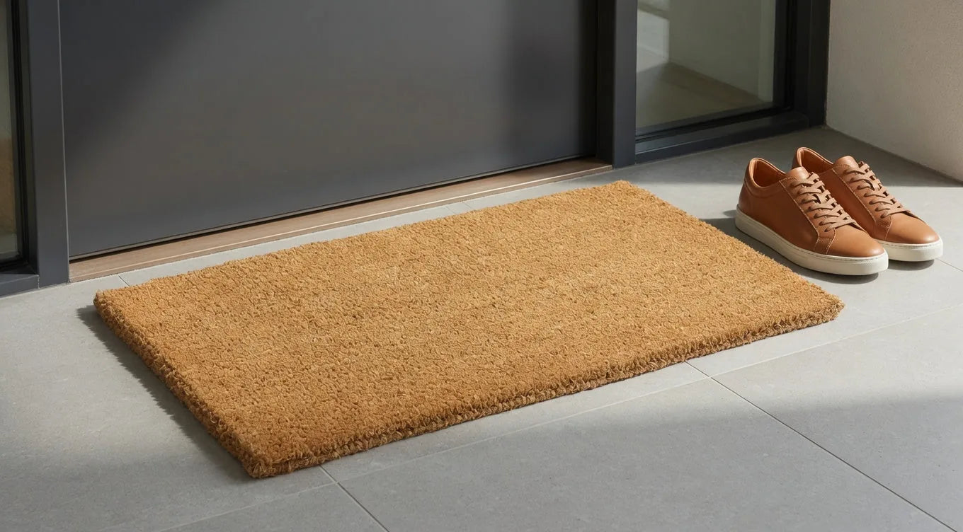 The 1 inch mat at a modern entry, with a pair of shoes beside it