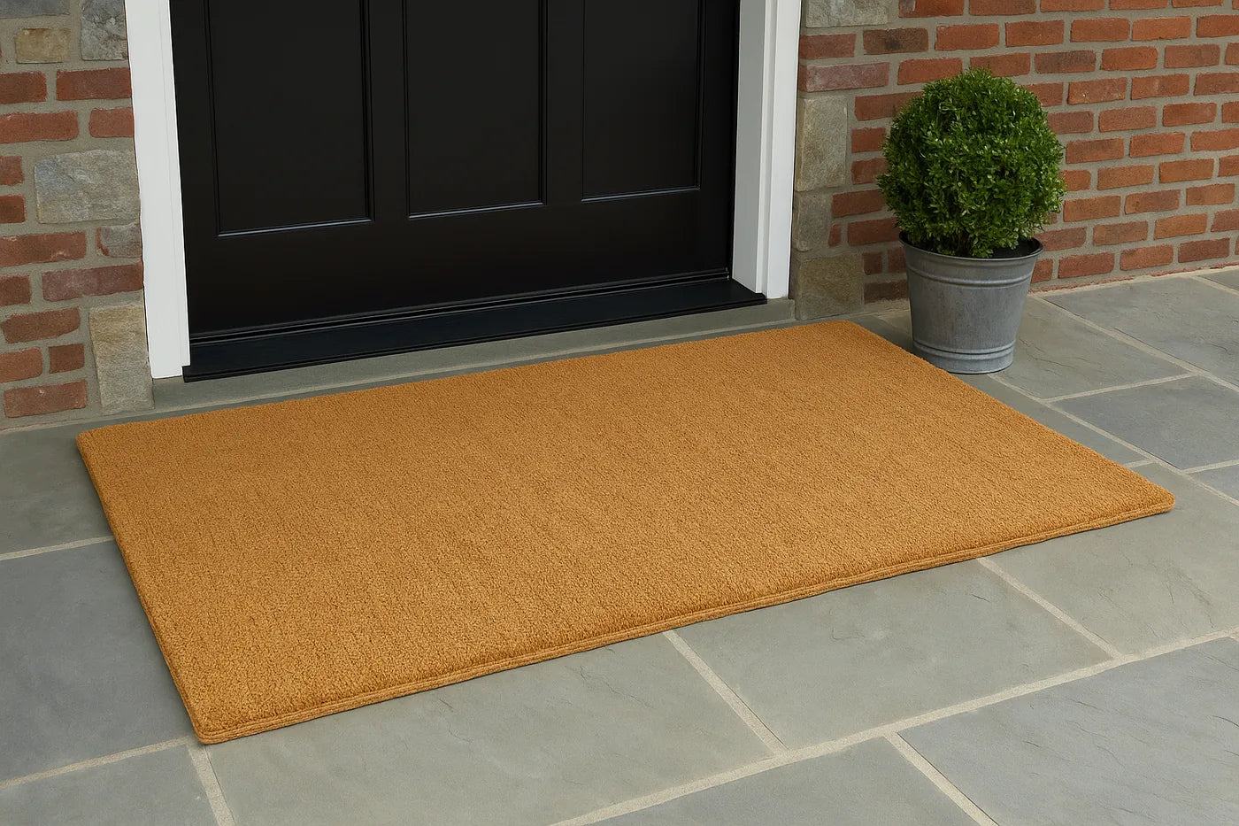 A woven-backed coir mat across a double front door