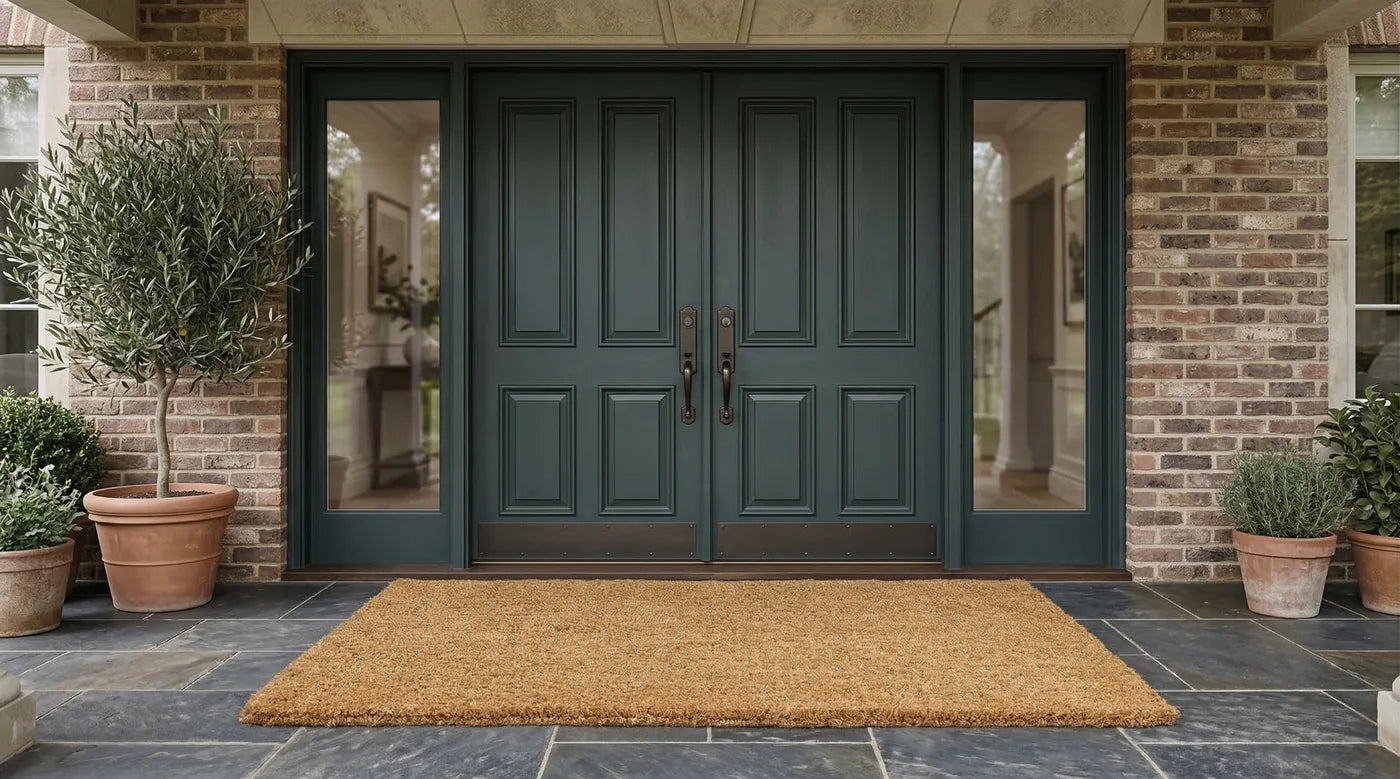 A 36 by 72 inch mat across a pair of green front doors