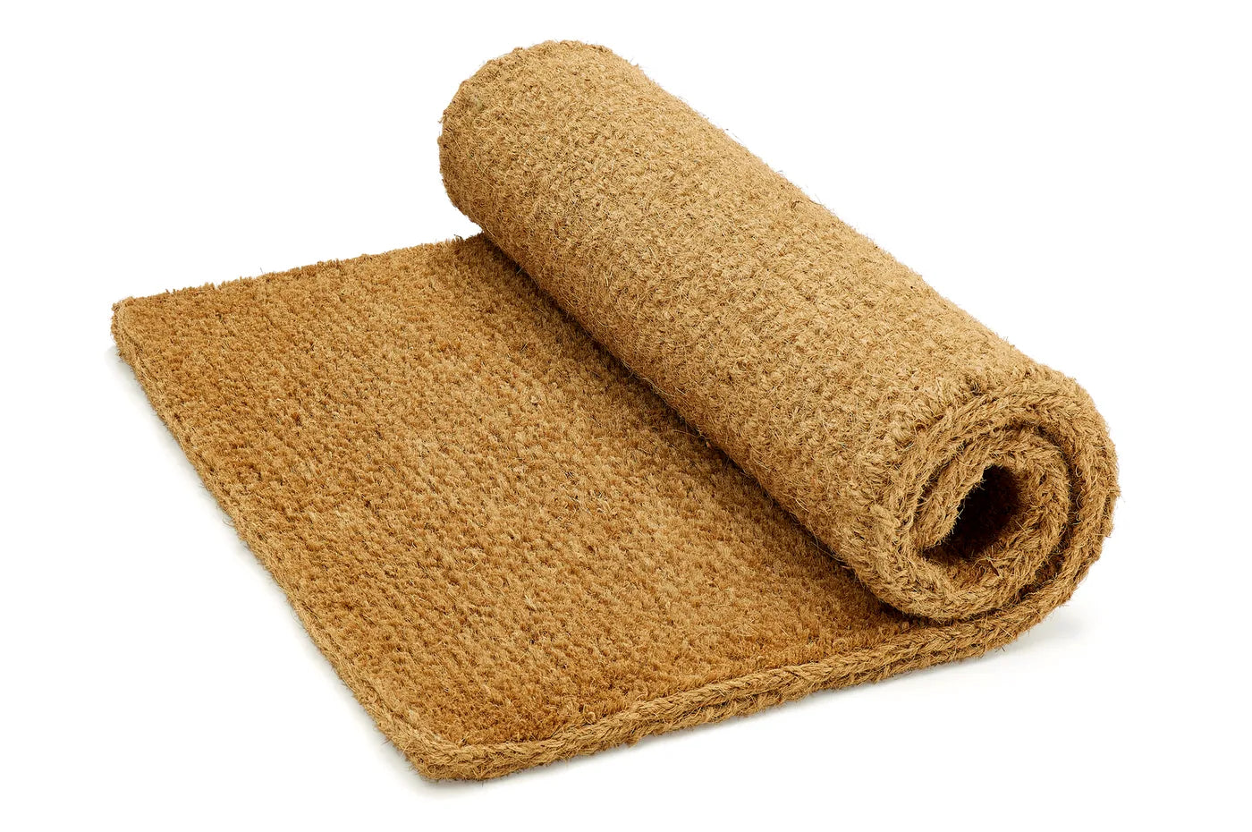 The mat rolled back to show its woven coir backing